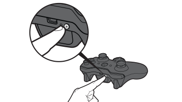 An illustration of a finger pressing the connect button in an Xbox 360 controller.